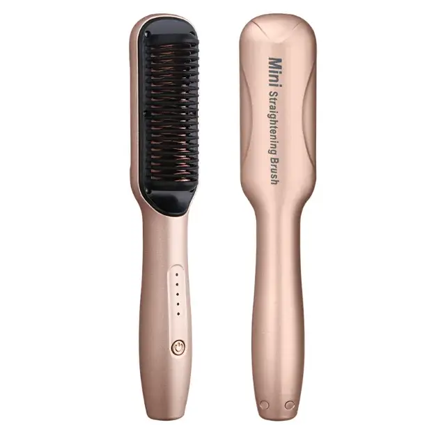 Rose gold mini straightening brush with black bristles and a sleek, ergonomic design.
