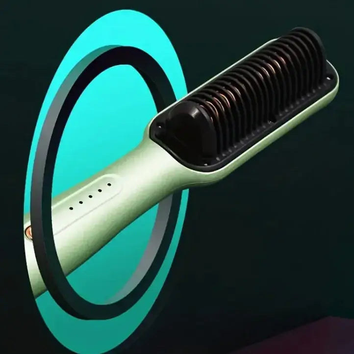 A sleek, mint-green electric hair straightener with a black bristled head and textured grip.