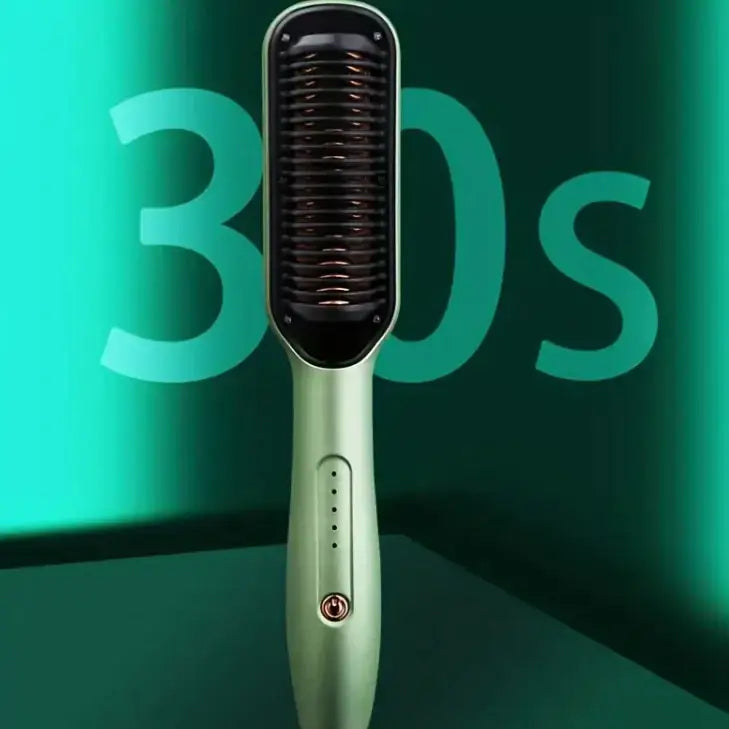 A sleek, mint-green electric hair straightener brush with a black bristle head and metallic accents.