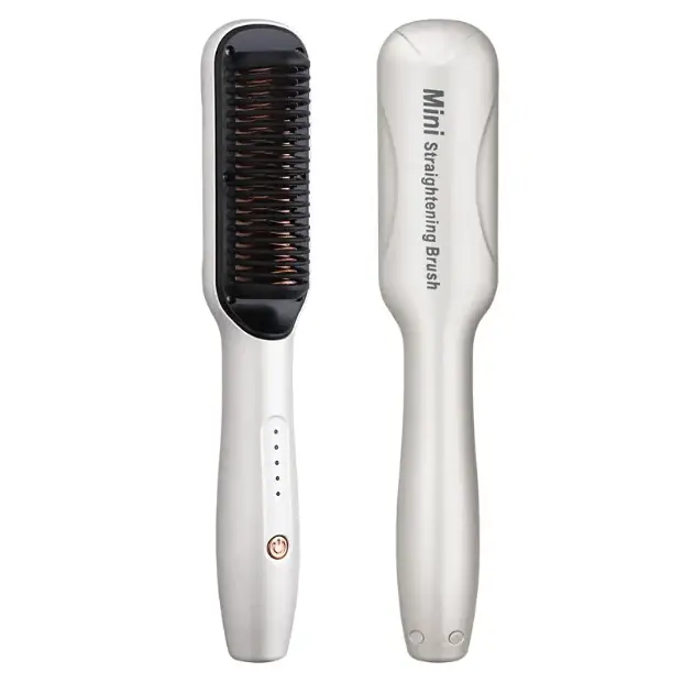 White mini straightening brush with black bristles and a sleek, ergonomic design.