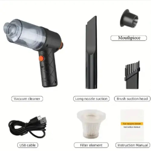 Black handheld usb vacuum cleaner with a transparent dust collection chamber and textured grip.