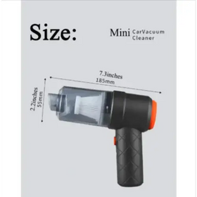 Black and orange handheld mini car vacuum cleaner with a transparent dust collection chamber.