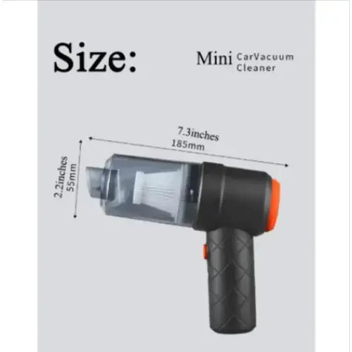 Black and orange handheld mini car vacuum cleaner with a transparent dust collection chamber.