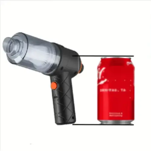 Black and transparent handheld vacuum cleaner with an orange trigger, designed for cleaning small spaces.