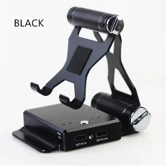 Black metal tablet stand with integrated charging base and dual usb ports.
