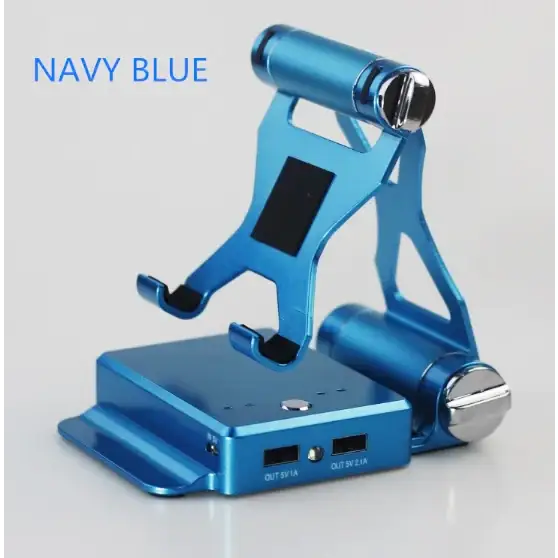 Navy blue aluminum phone stand with integrated charging ports and a sleek, modern design.
