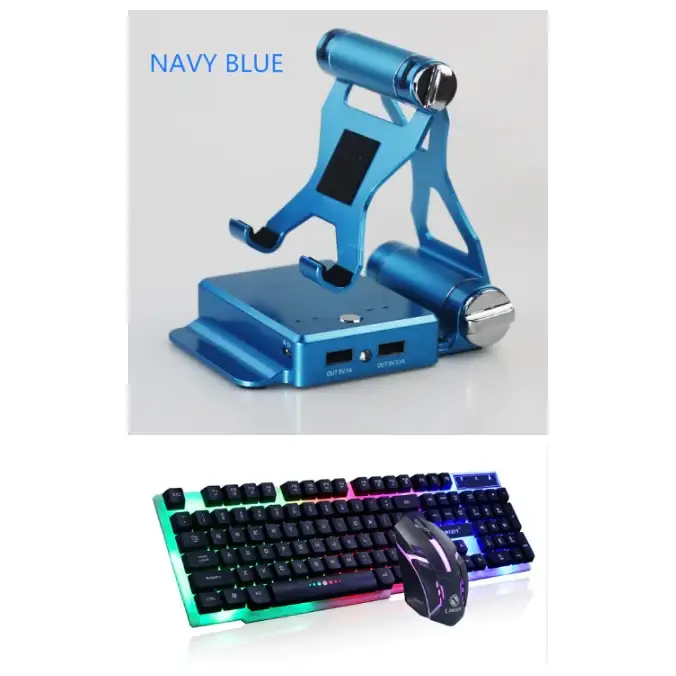 Navy blue metallic gaming stand with integrated usb ports and a sleek, angular design.