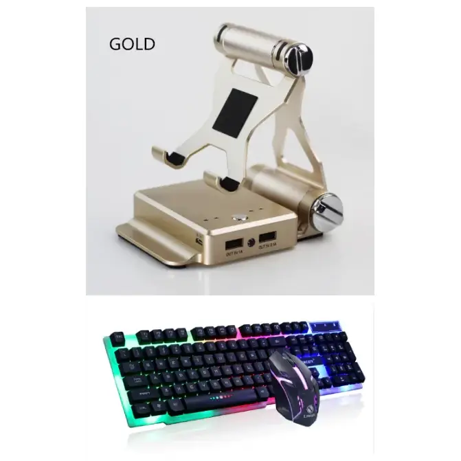 Gold-colored tablet stand with integrated charging ports and a sleek, minimalist design.