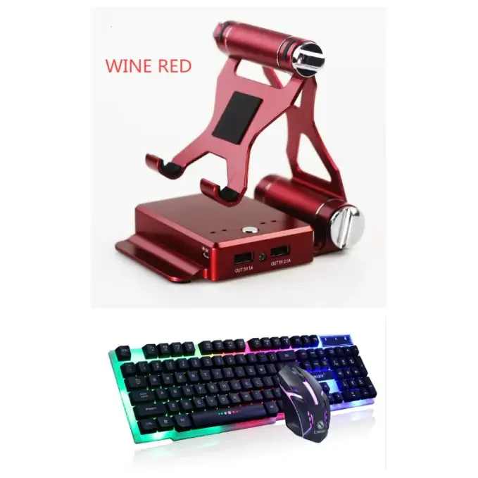 Wine red metallic tablet stand with integrated charging ports and a matching rgb-lit keyboard and mouse set