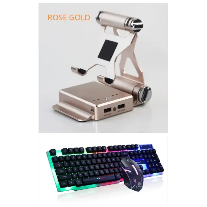 Rose gold tablet stand with built-in power bank and usb ports