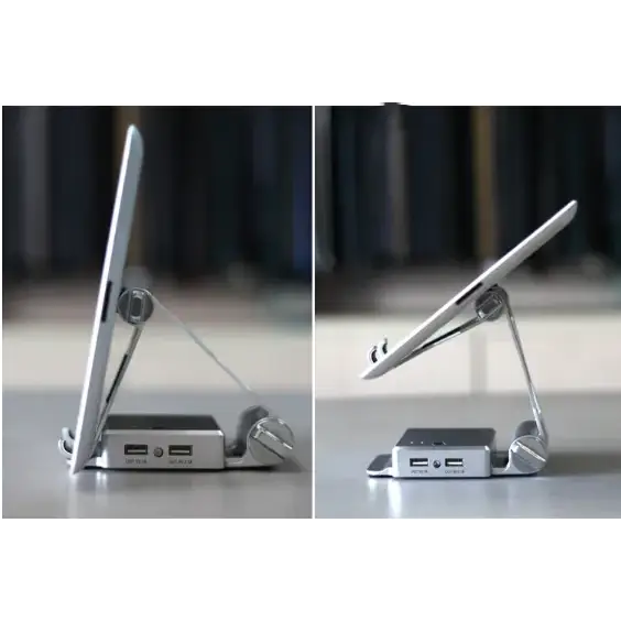 Silver metallic tablet stand with adjustable angle and built-in usb ports