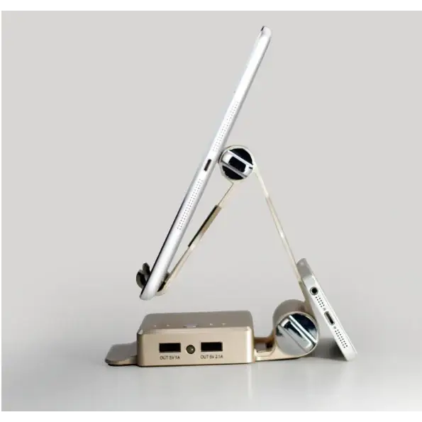 Silver tablet stand with adjustable arms and built-in usb ports.