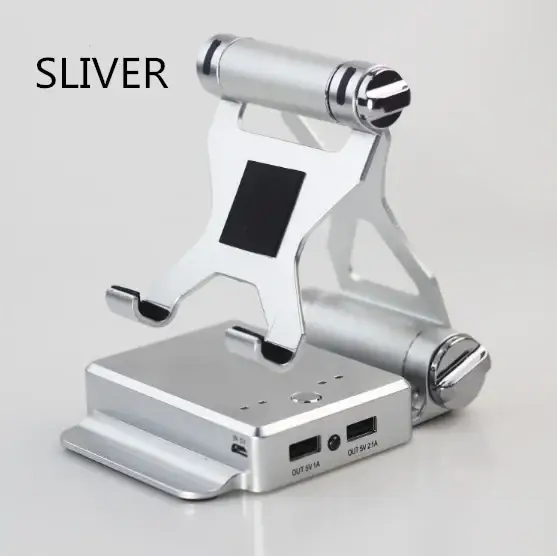 Silver sliver brand tablet stand with integrated charging ports and a sleek, metallic design.