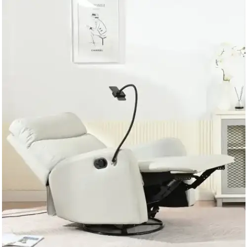 Cream-colored leather recliner with a sleek, modern design and black metal base.