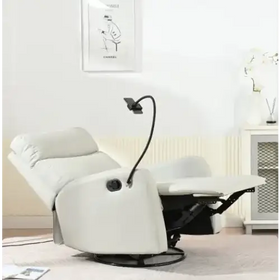 Cream-colored leather recliner with a sleek, modern design and black metal base.