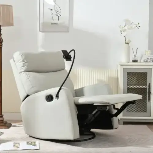 Cream-colored leather recliner with a sleek, modern design and built-in armrest-mounted phone holder.