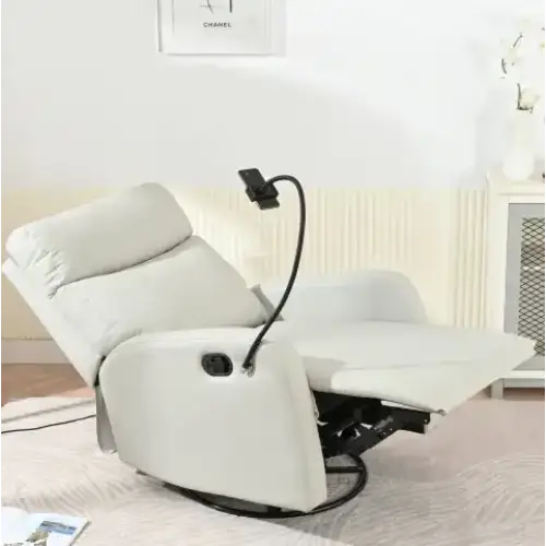 Cream-colored recliner chair with a sleek, modern design and black metal base.