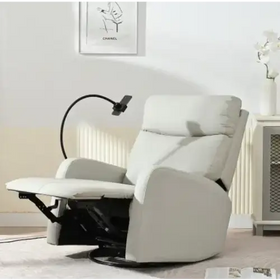 Cream-colored recliner chair with a sleek, modern design and smooth leather upholstery.