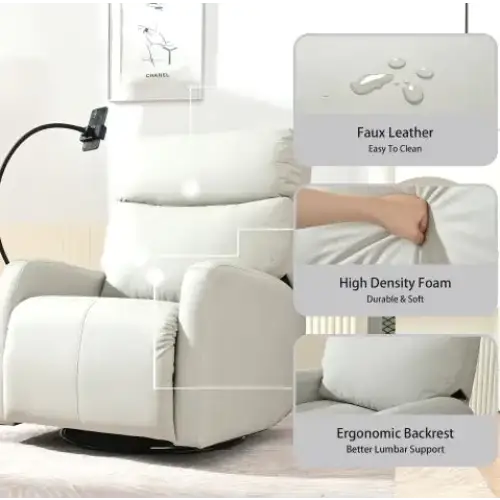 White faux leather recliner with high density foam padding and an ergonomic backrest.