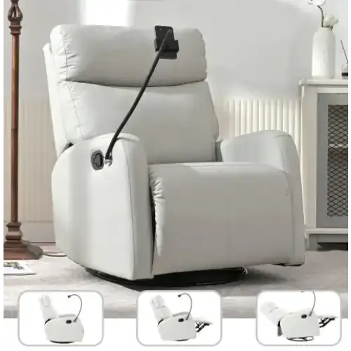 White leather recliner chair with a built-in phone holder.