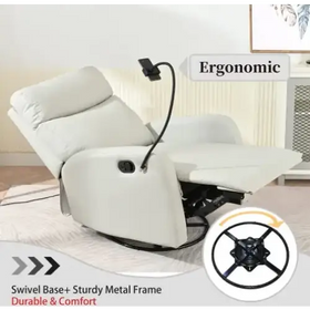 White leather recliner with swivel base and sturdy metal frame.