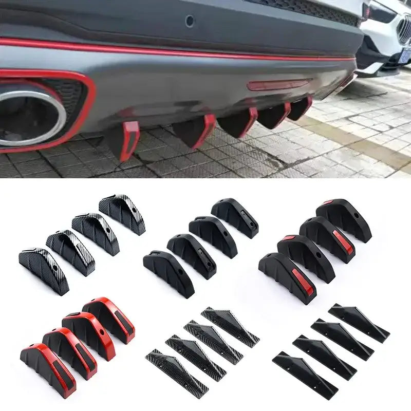 Black and red carbon fiber-style rear diffuser splitters for car exhausts.