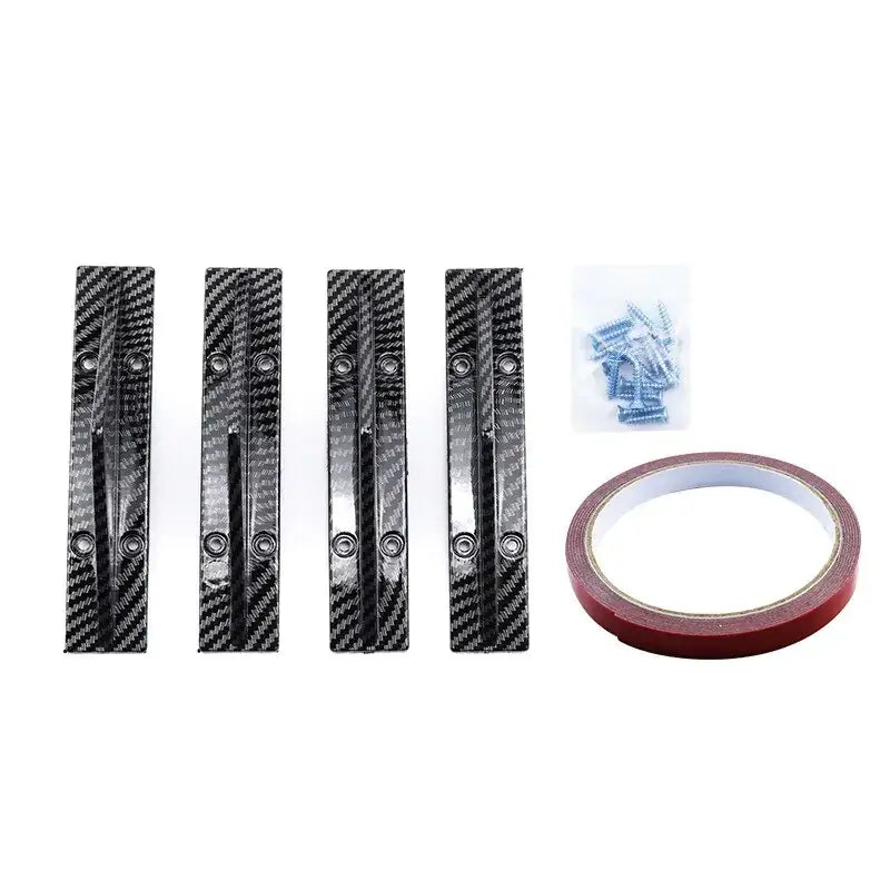 Four black carbon fiber textured rectangular mounting brackets with circular holes and a central slot, accompanied by screws and red adhesive tape.