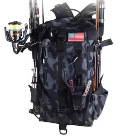 Black and gray camouflage fishing backpack with american flag patch, multiple straps for gear organization.