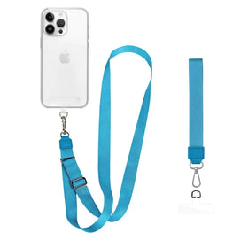 Bright blue woven fabric phone strap with silver-toned metal hardware and a matching lanyard clip.