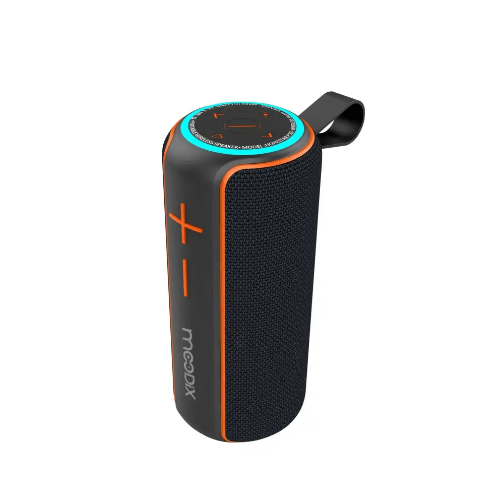 Black and orange meedix portable wireless speaker with a textured fabric body, circular control panel, and carrying loop.