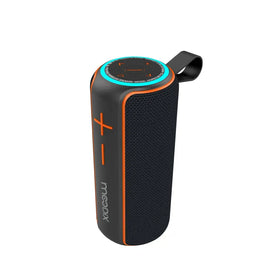 Black and orange meedix portable wireless speaker with a textured fabric body, circular control panel, and carrying loop.