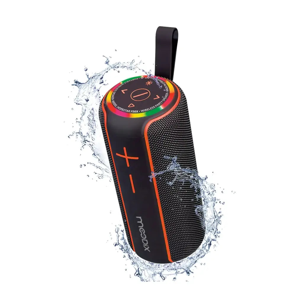 Black and orange mpow hopestar p30x wireless speaker with a textured mesh body, colorful led ring around the controls, and an integrated carrying loop.