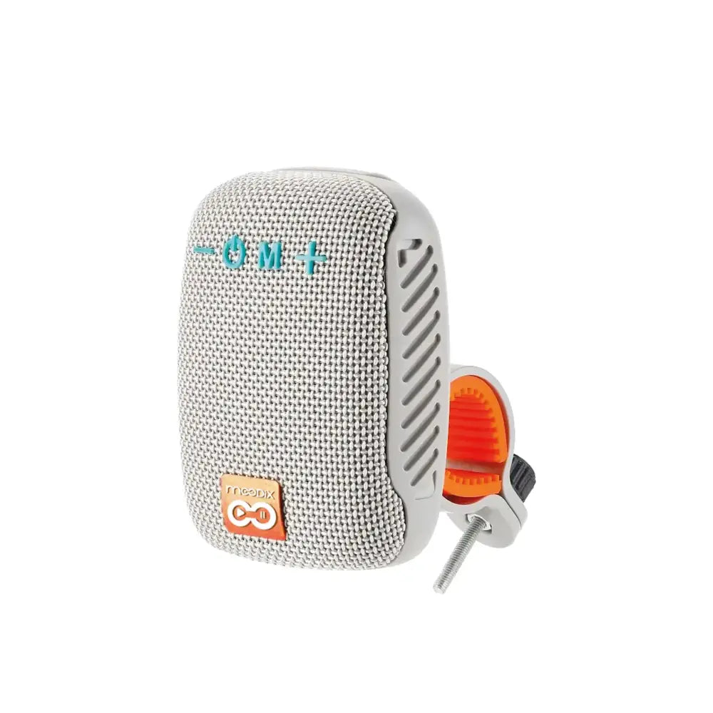 Gray mesh-textured portable speaker with orange accent clamp and turquoise logo, branded ’meebix’.