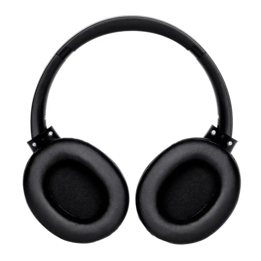 Black over-ear headphones with padded, circular earcups and a sleek headband.