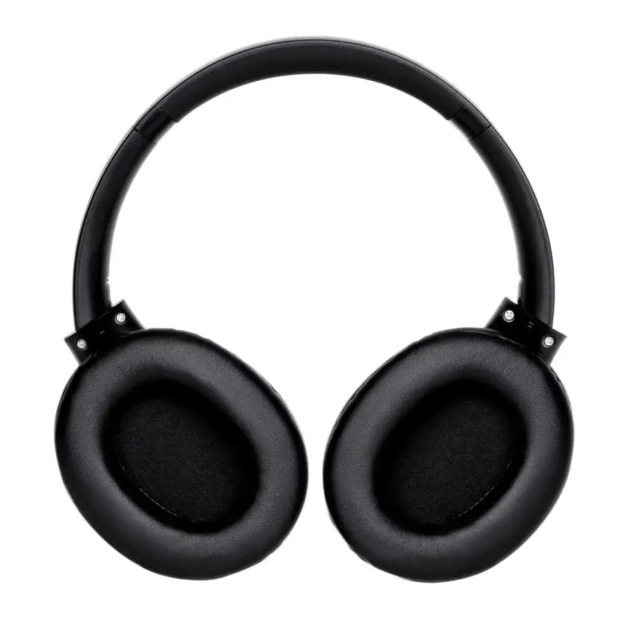 Black over-ear headphones with padded, circular earcups and a sleek headband.