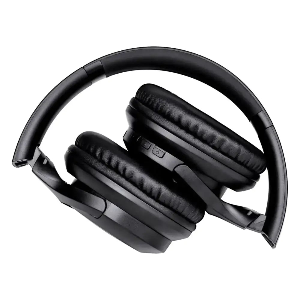 Black over-ear wireless headphones with padded, leather-like earcups and a sleek plastic headband.