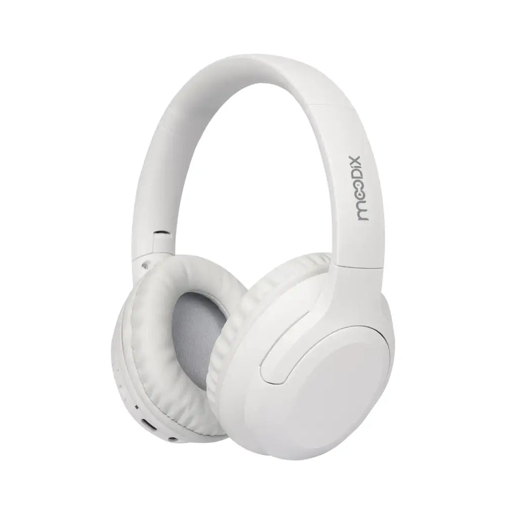 White over-ear wireless headphones with a sleek, minimalist design and soft padded earcups.