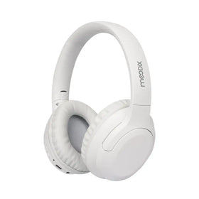 White over-ear wireless headphones with a sleek, minimalist design and soft padded earcups.