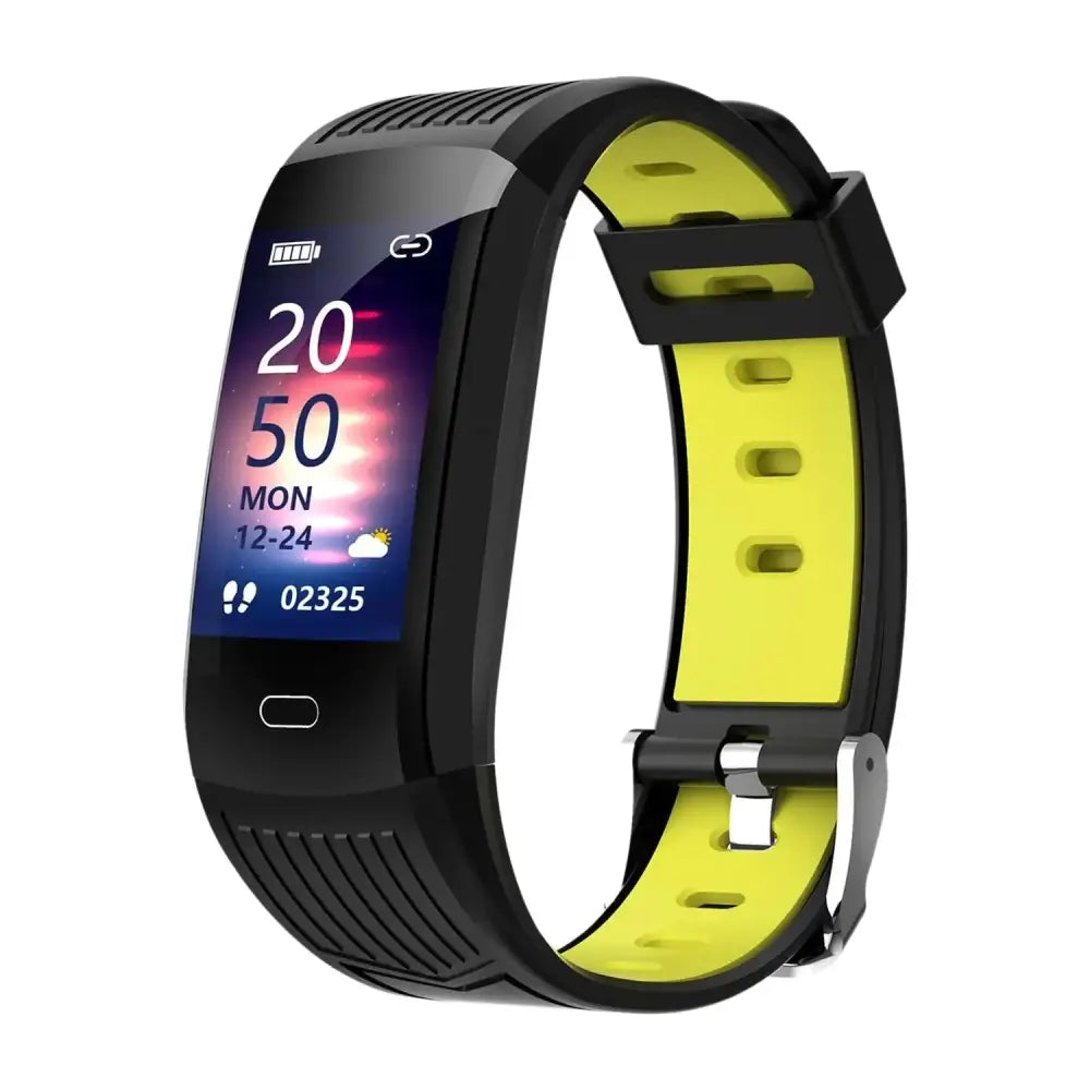 Black and neon yellow fitness tracker with a rectangular touchscreen display showing time, date, weather, and step count.
