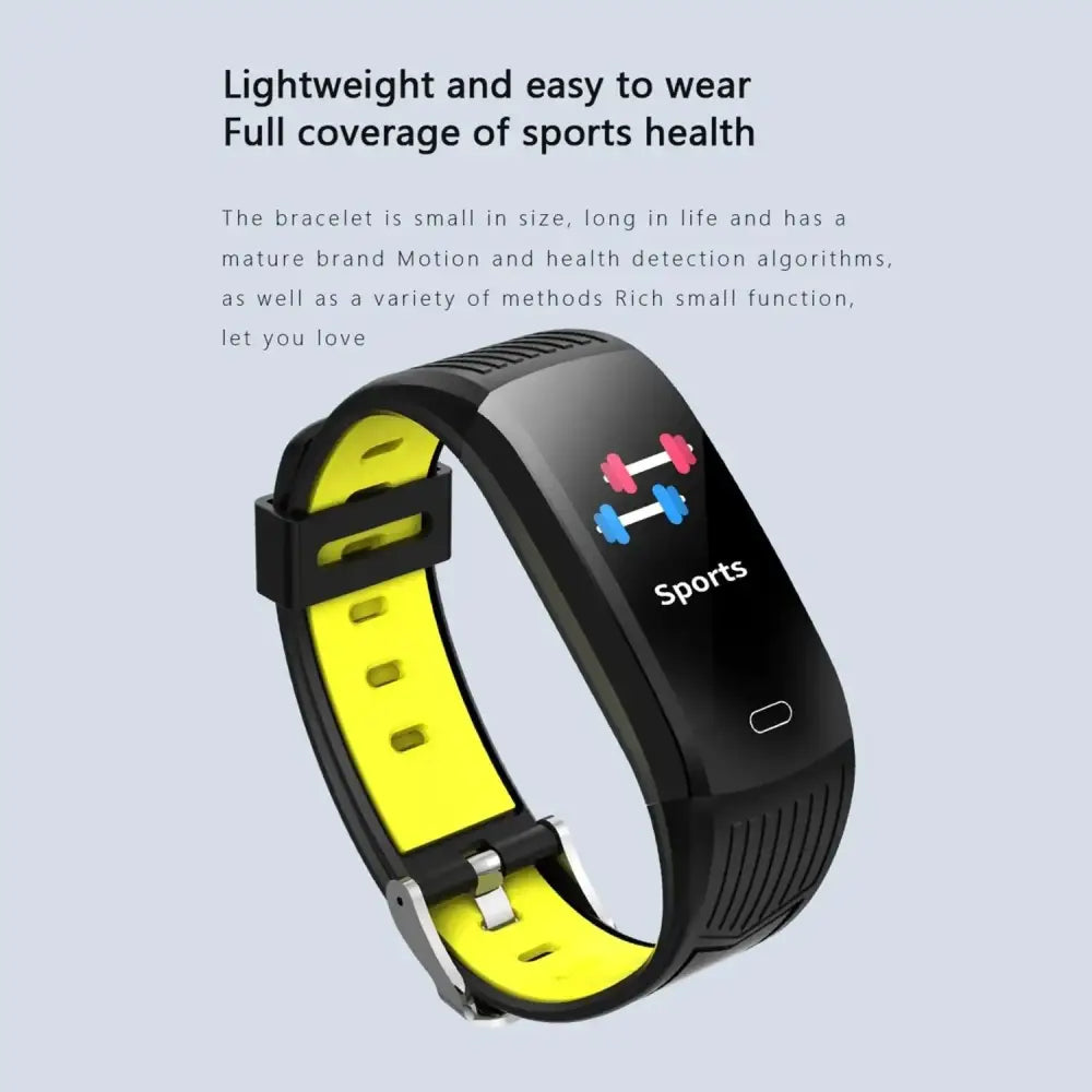 Black and neon yellow sport fitness bracelet with a sleek, minimalist design featuring a digital display showing sports icons.