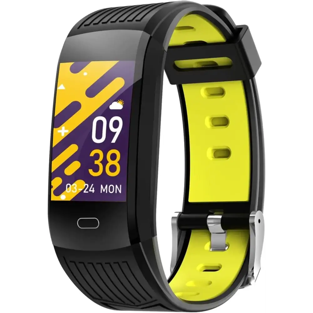 Black and neon yellow sport fitness tracker with a rectangular touchscreen display showing time, date, and weather.