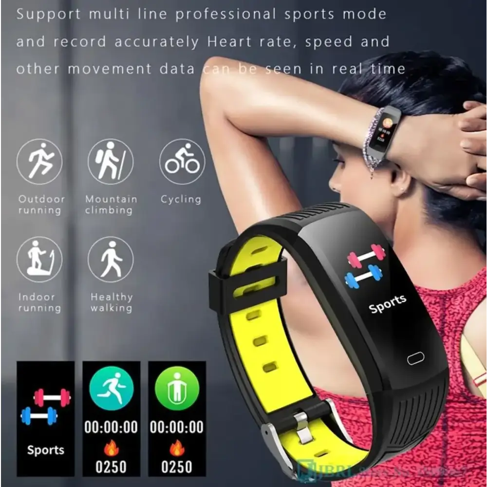 Black and neon yellow sport fitness tracker with a sleek, rectangular screen displaying sports metrics.