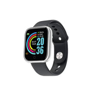 Black and silver smartwatch with a rectangular screen displaying colorful fitness metrics on its display.