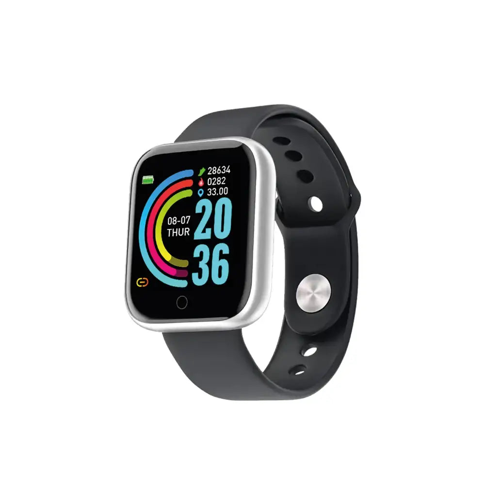 Black and silver smartwatch with a rectangular screen displaying colorful fitness metrics on its display.