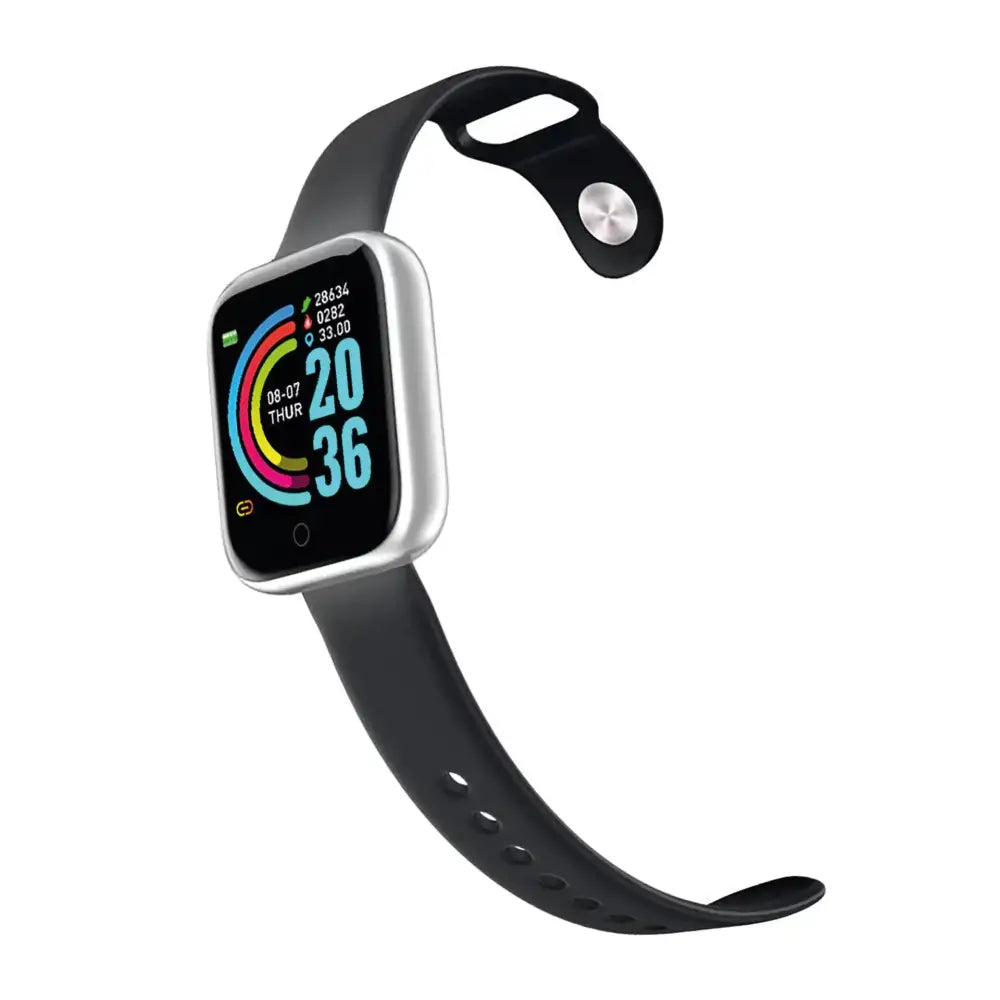 Silver-framed smartwatch with a black silicone strap and colorful digital display.