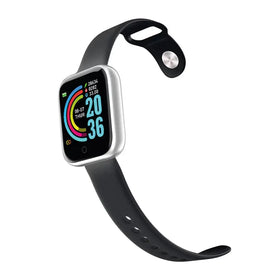 Silver-framed smartwatch with a black silicone strap and colorful digital display.