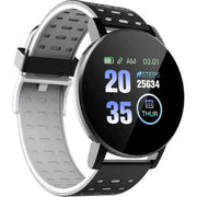 Black and gray perforated sport watch with a circular touchscreen display showing time, steps, and day.