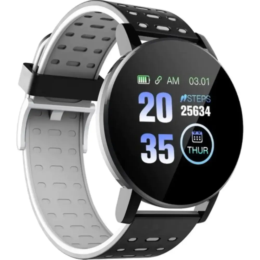 Black and gray perforated sport watch with a circular touchscreen display showing time, steps, and day.