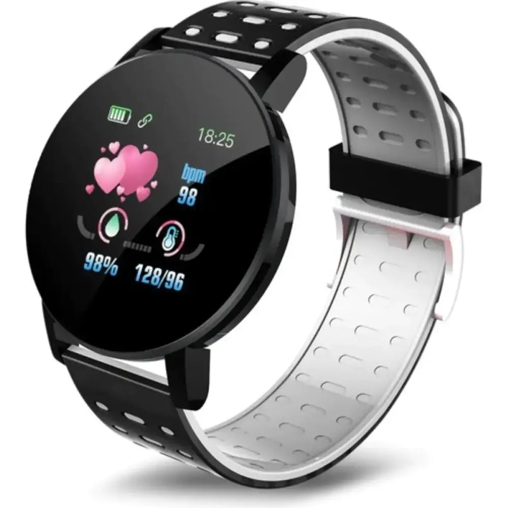 Black and white perforated sport smartwatch with a circular touchscreen displaying heart rate, battery level, and blood pressure readings.