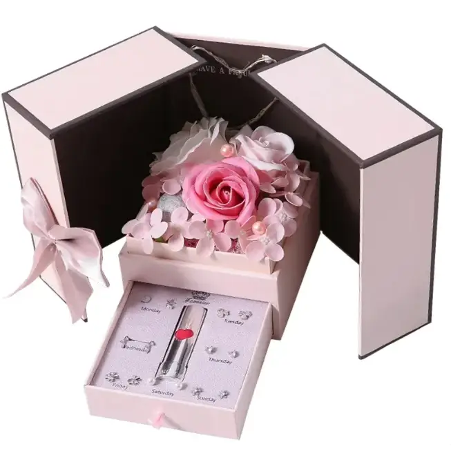 Pink floral arrangement nestled in a delicate, blush-colored gift box with a matching satin ribbon bow.
